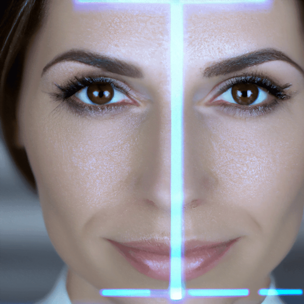 4k image of a beautiful woman looking straight into the camera with 3d mapping reflections used for facial recognition. it's a closeup.