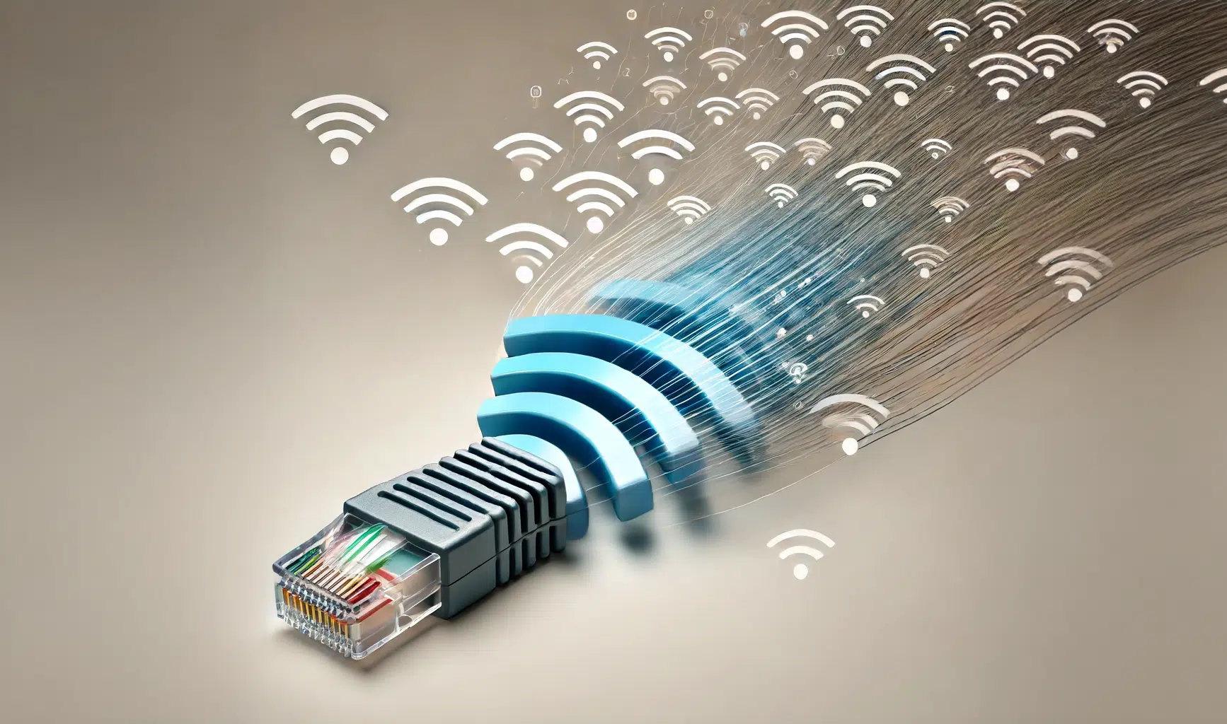 An image illustrating a wireless signal merging into an Ethernet cable, showing Wi-Fi symbols gradually transforming and blending into the Ethernet cable. The background is neutral, focusing on the transition from wireless to wired technology.